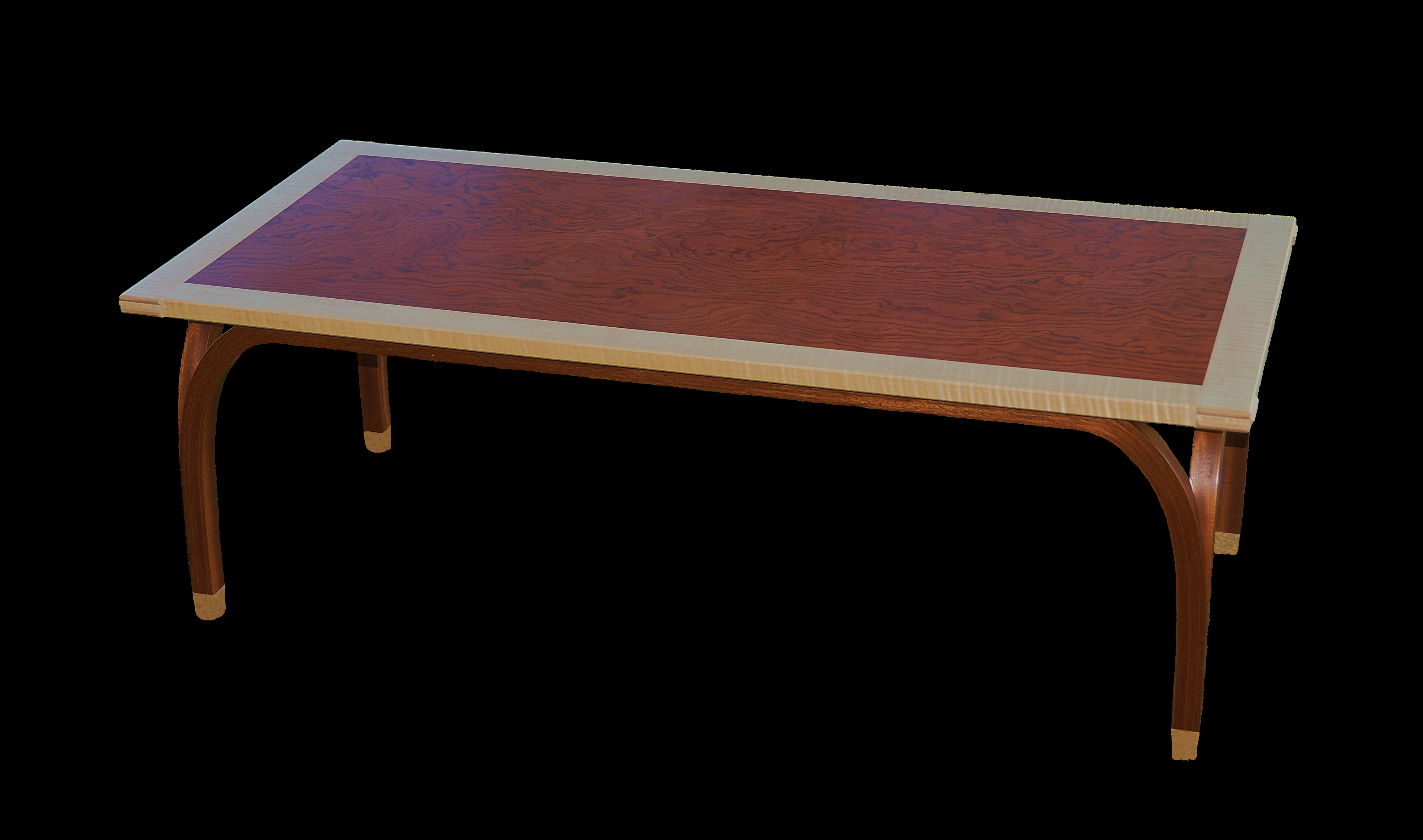 A Bubinga and curly western maple coffee table by Don DeDobbeleer, Fine Custom Wood Furniture
