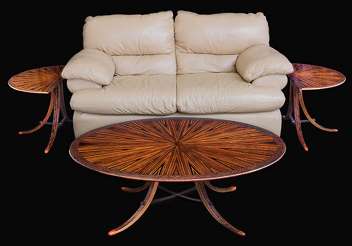 Asian Ellipse Coffee Table with Matching End Tables by Don DeDobbeleer, Fine Custom Wood Furniture