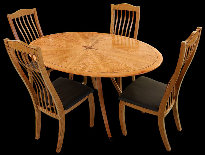 Compass Rose Dining Table and Chairs by Don DeDobbeleer, Fine Custom Wood Furniture